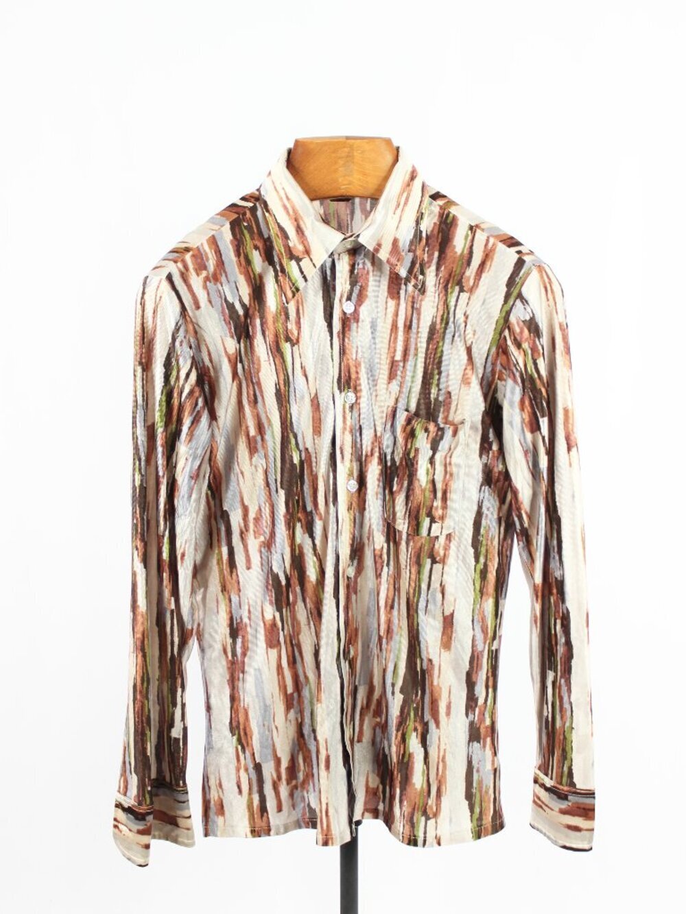 Vintage PAOLO CONTI Brown Grey Graphic Satin Jersey Button Down Shirt, Size L